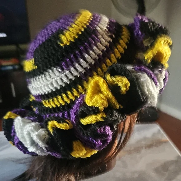 Crochet Ruffle Beanie Yellow, Purple, Black, And White